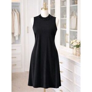 Nik & Nash Beaded Neck Dress L Black Sleeveless A-Line Shift Cocktail Evening